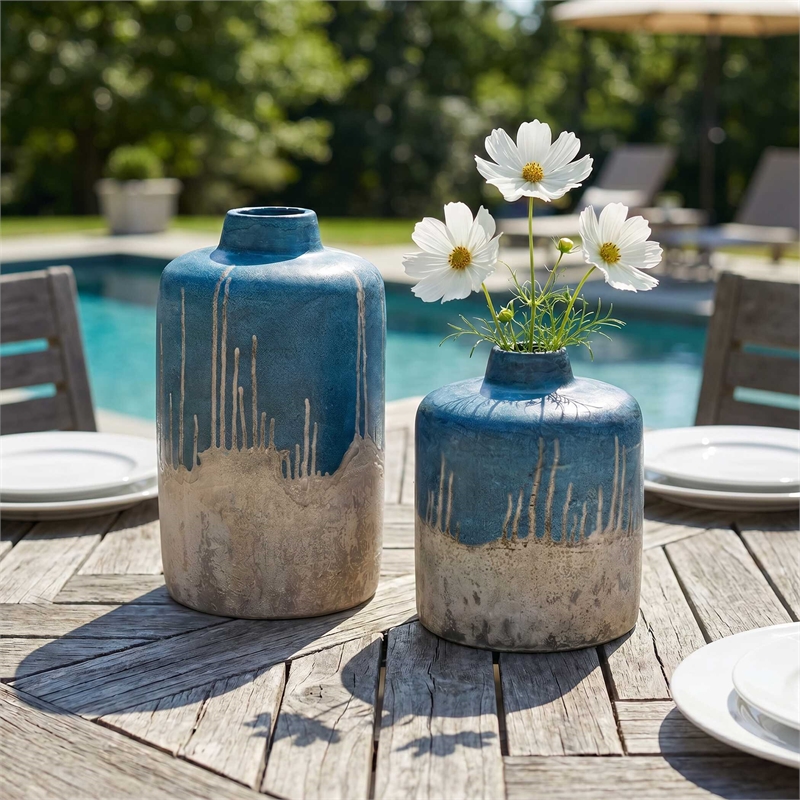 Uttermost Coastal Cascade Indoor-Outdoor Vases in Blue (Set of 2)