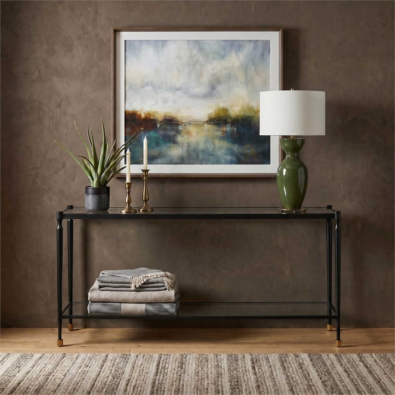 Uttermost Javana Glass & Iron Console Table in Brass and Bronze