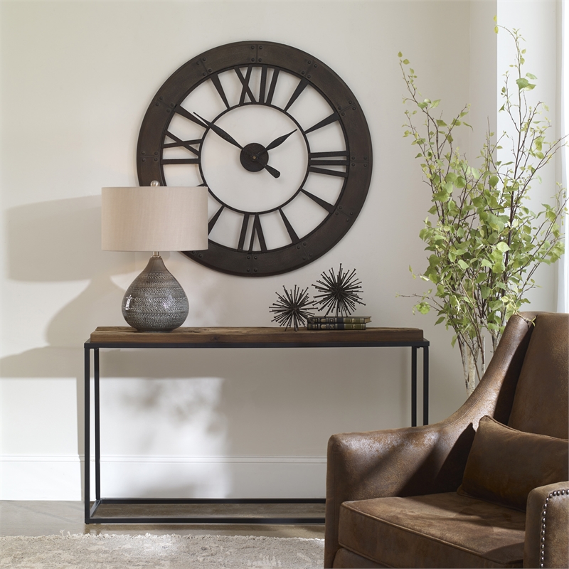 Uttermost Ronan Wood and Metal Wall Clock in Dark Rustic Bronze/Gray