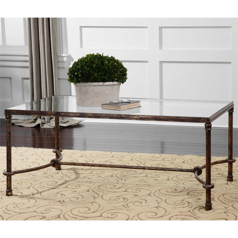 Uttermost Warring Iron and Glass Coffee Table in Rustic Bronze Patina