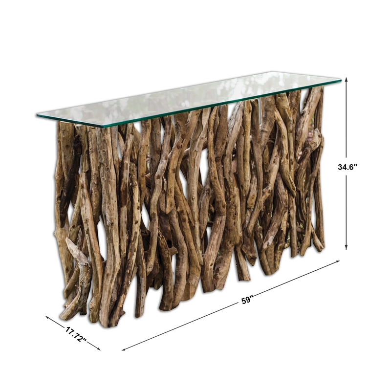 Uttermost Teak Coastal Wood and Glass Console Table in Woodtone