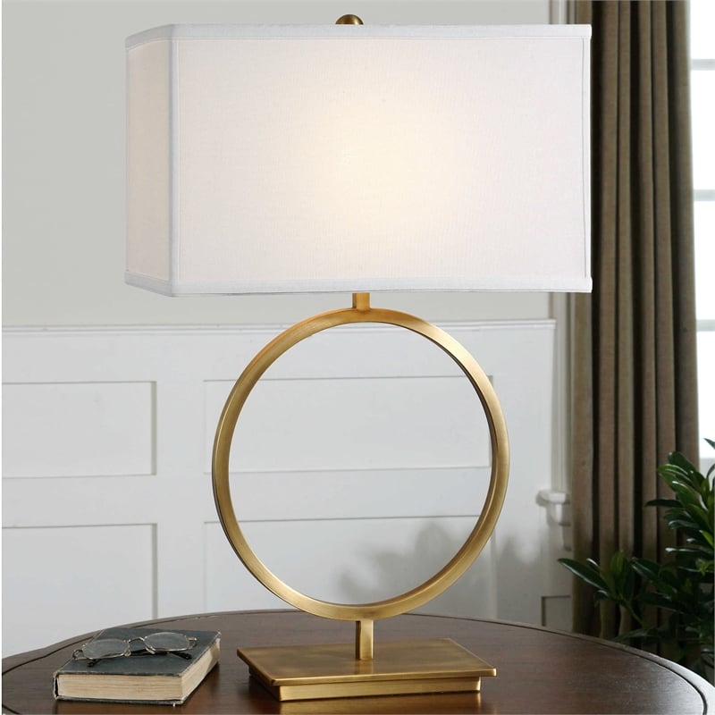 Uttermost Duara Metal Circle Table Lamp in Plated Brushed Brass/White
