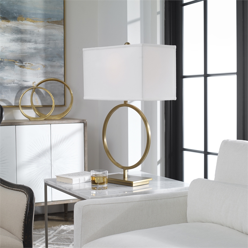 Uttermost Duara Metal Circle Table Lamp in Plated Brushed Brass/White
