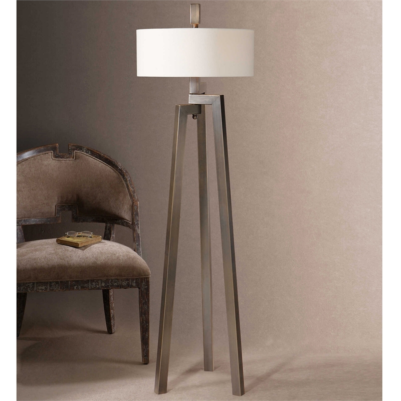 Uttermost Mondovi Steel and Linen Floor Lamp in Antiqued Bronze/White