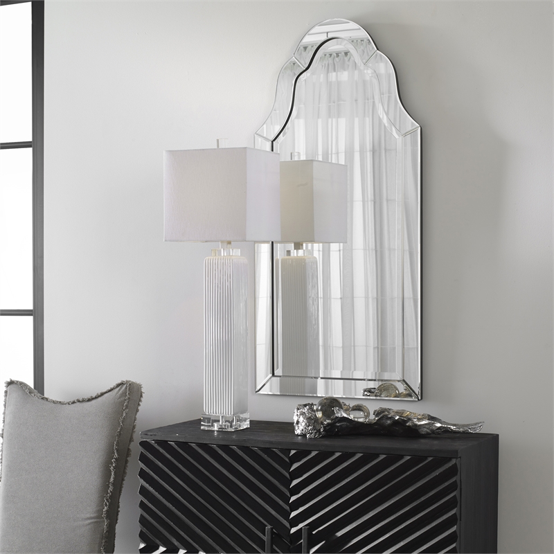 Uttermost Hovan Contemporary Wood Frameless Arched Beveled Mirror in Gray