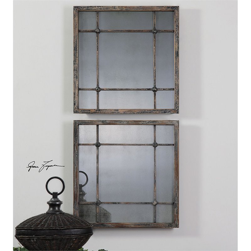 Uttermost Saragano Square Fir Wood Mirrors in Distressed Slate Blue (Set of 2)