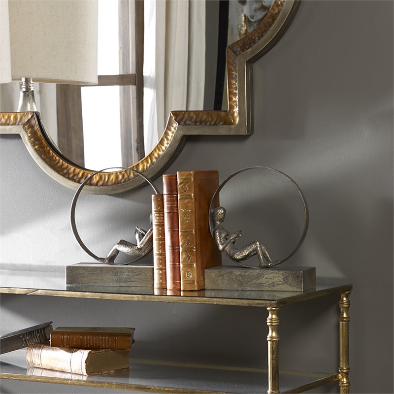 Uttermost Lounging Reader 2-Piece Metal MDF Bookend Set in Antiqued Silver/Gold