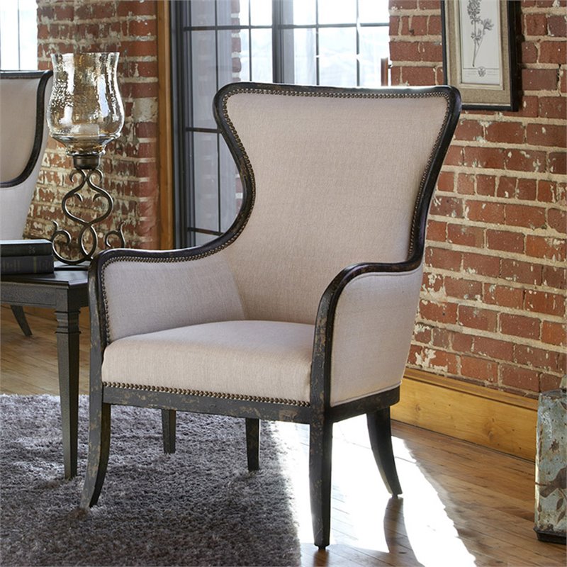 Uttermost Sandy Traditional Wood and Fabric Wingback Arm Chair in Beige