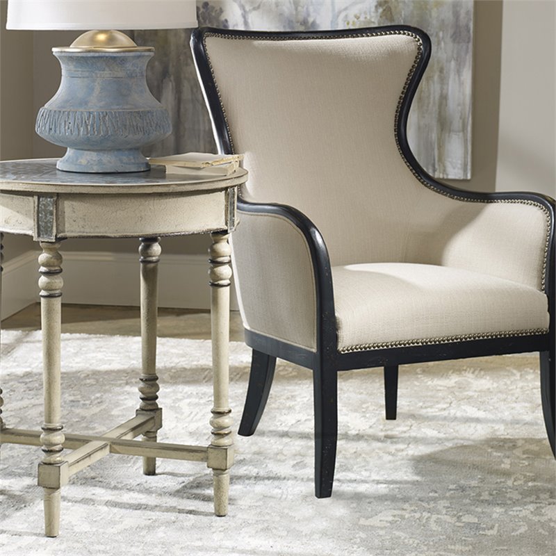 Uttermost Sandy Traditional Wood and Fabric Wingback Arm Chair in Beige