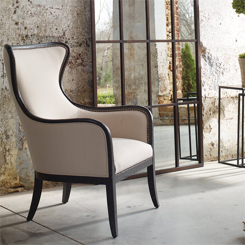 Uttermost Sandy Traditional Wood and Fabric Wingback Arm Chair in Beige