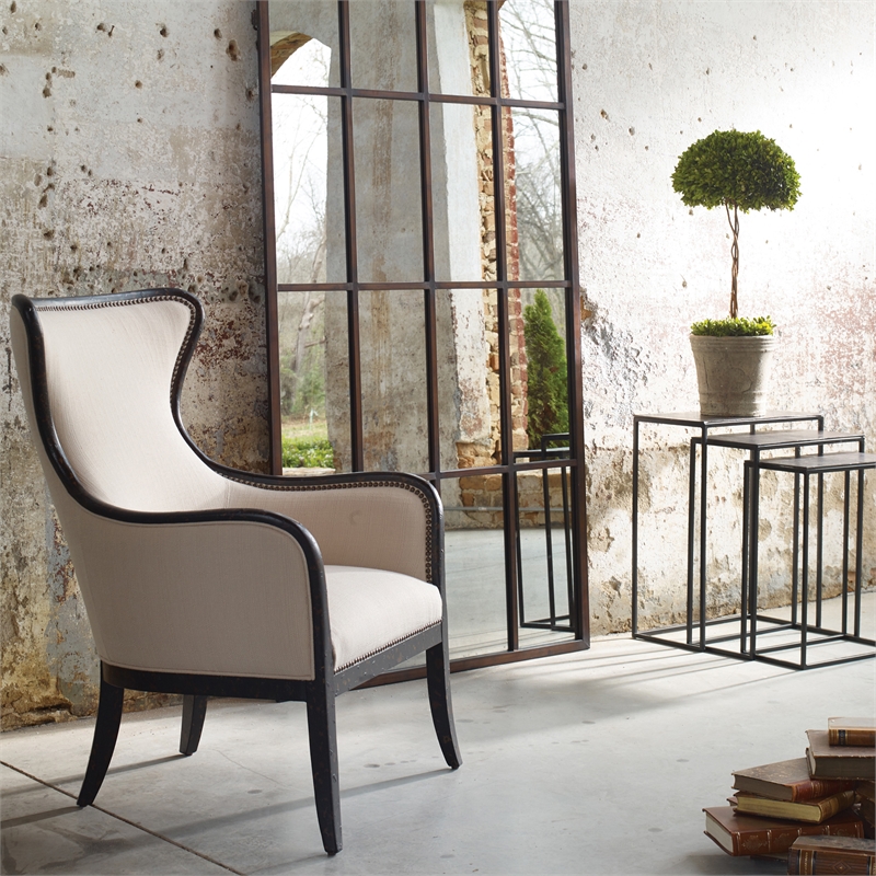 Uttermost Sandy Traditional Wood and Fabric Wingback Arm Chair in Beige