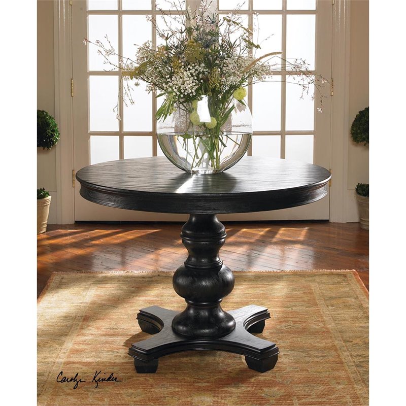 Uttermost Brynmore Round Traditional Pine Wood Grain Table in Satin Black