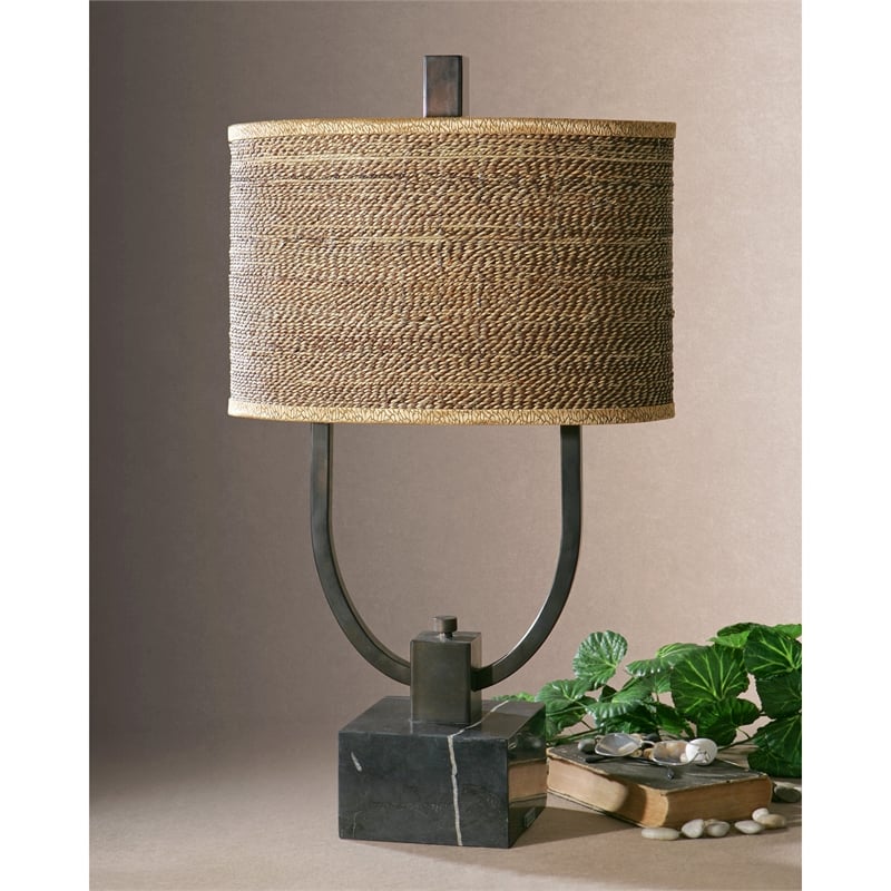 Uttermost Stabina Marble Metal and Cane Table Lamp in Rustic Bronze/Brown/Tan