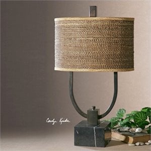 Uttermost Stabina Marble Metal and Cane Table Lamp in Rustic Bronze/Brown/Tan