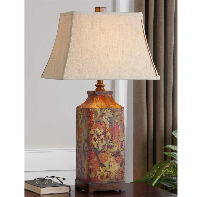 Uttermost Colorful Flowers Mid-Century Resin Metal Table Lamp in Ivory/Walnut