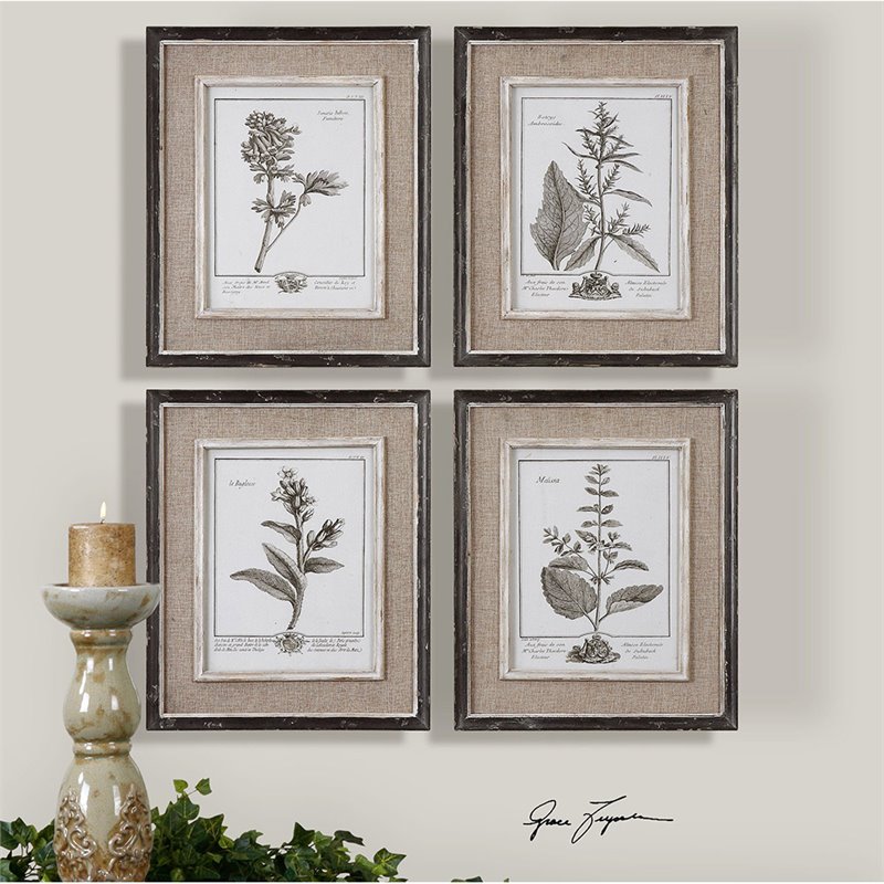 Uttermost Casual Gray Study Wood Flax and Linen Framed Art in Black (Set of 4)