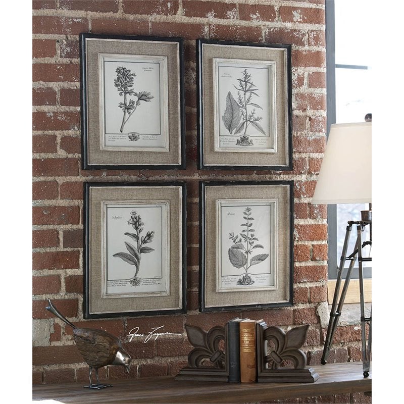 Uttermost Casual Gray Study Wood Flax and Linen Framed Art in Black (Set of 4)