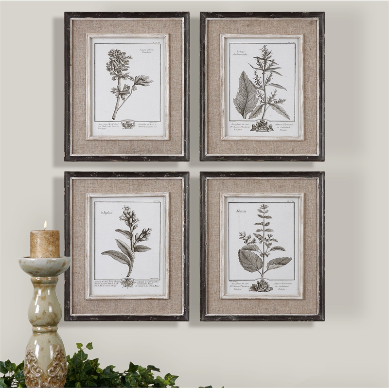 Uttermost Casual Gray Study Wood Flax and Linen Framed Art in Black (Set of 4)