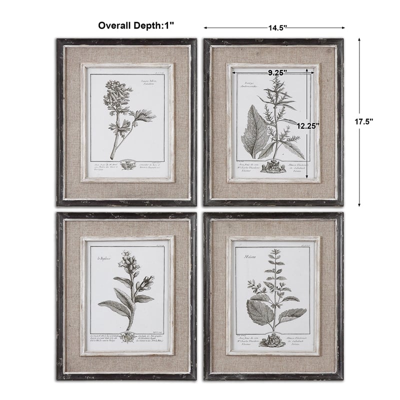 Uttermost Casual Gray Study Wood Flax and Linen Framed Art in Black (Set of 4)