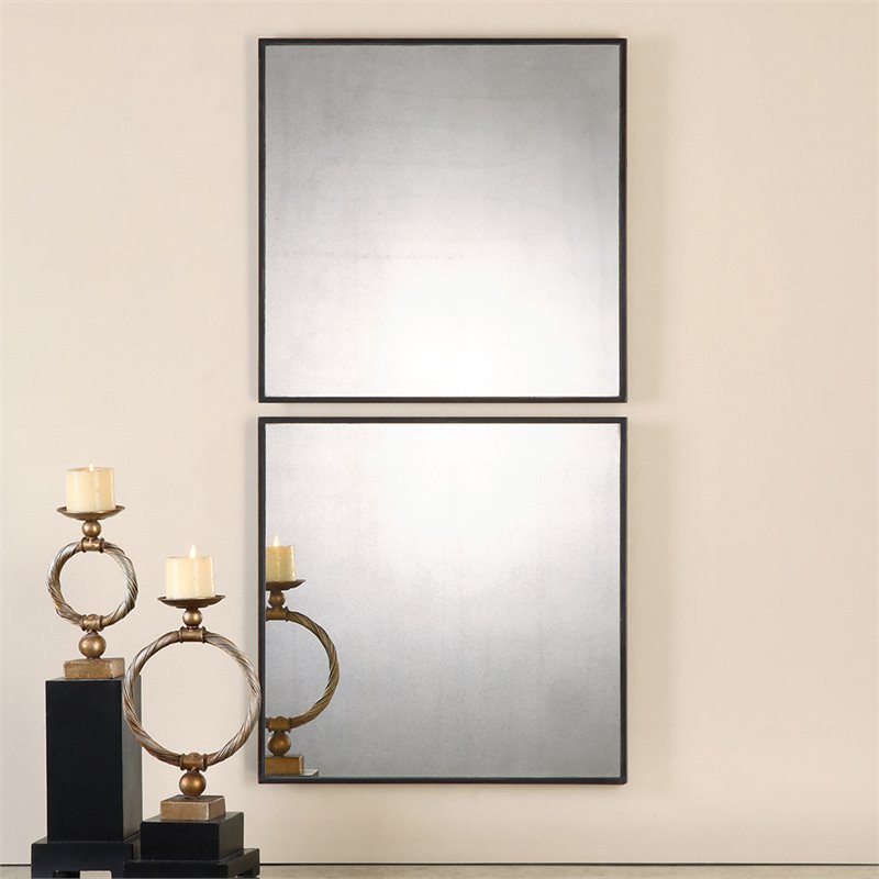 Uttermost Matty Contemporary MDF Wood Antiqued Square Mirrors - Black (Set of 2)