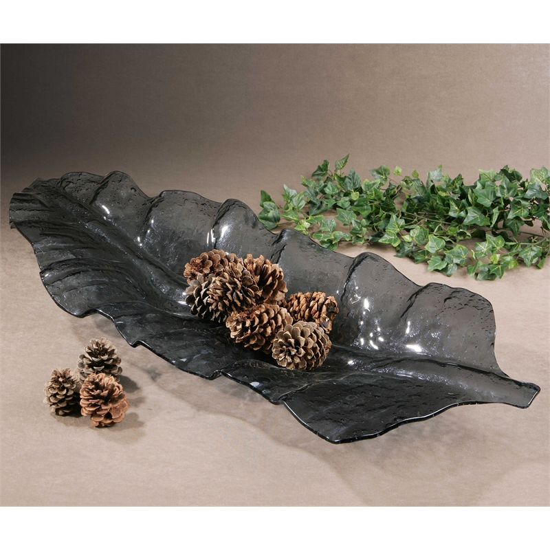 Uttermost Smoked Leaf Coastal Glass Tray in Dark Gray Finish