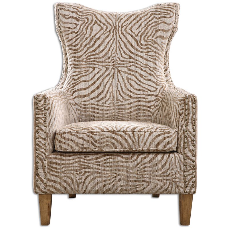 Uttermost Kiango Wood Fabric and Metal Animal Pattern Armchair in Brown/White