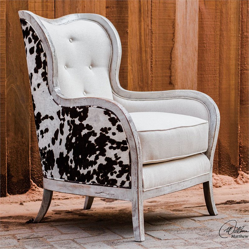 Uttermost Chalina Mahogany Wood and Fabric High Back Armchair in White