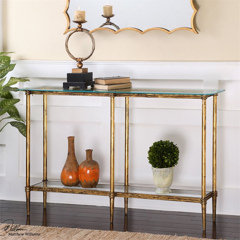 Uttermost Elenio Modern Cast Iron and Glass Console Table in Gold