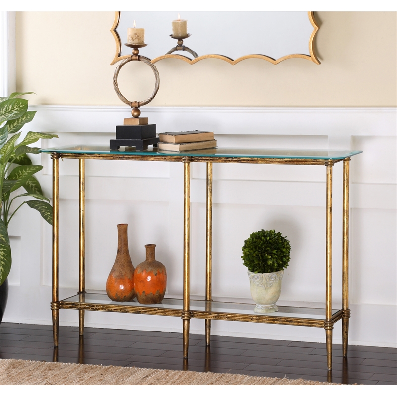 Uttermost Elenio Modern Cast Iron and Glass Console Table in Gold
