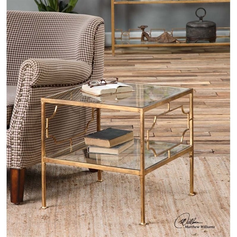 Uttermost Genell Contemporary Metal and Glass Cube Table in Gold/Clear