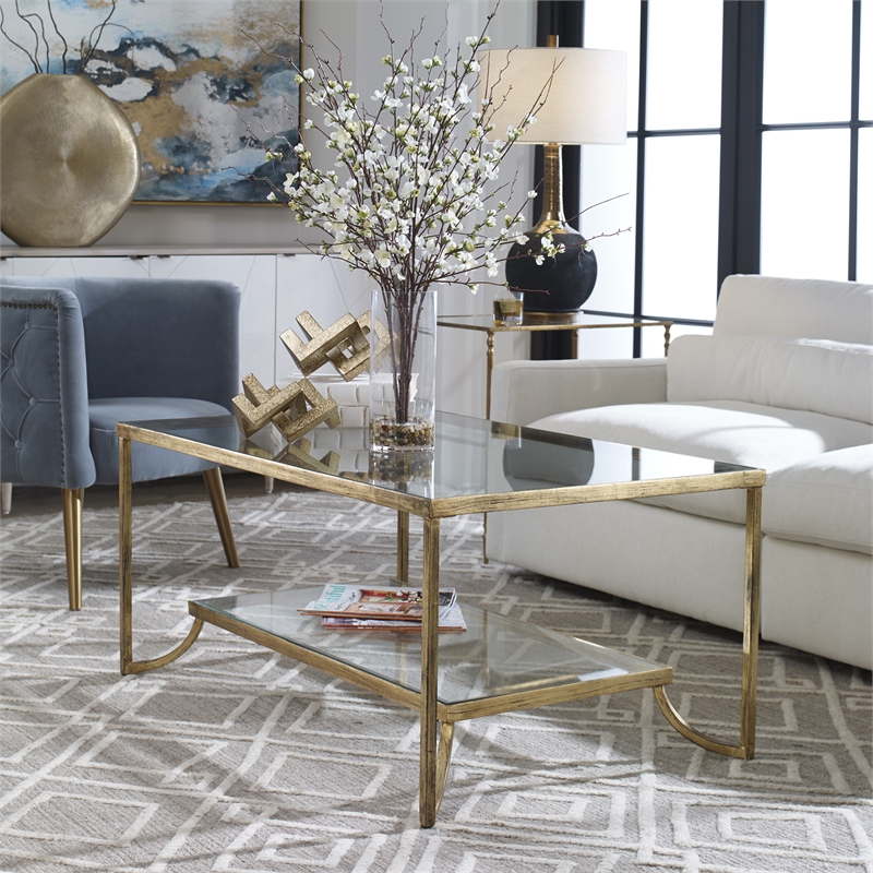 Uttermost Katina Traditional Metal and Glass Coffee Table in Antiqued Gold