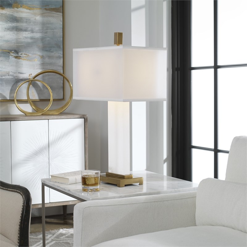 Uttermost Athanas Mid-Century Metal and Alabaster Lamp in White/Coffee Bronze