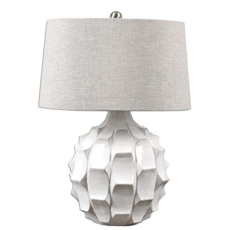Uttermost Guerina Ceramic Fabric and Metal Scalloped Lamp in White/Gray/Nickel