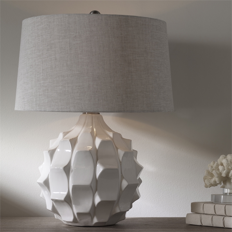 Uttermost Guerina Ceramic Fabric and Metal Scalloped Lamp in White/Gray/Nickel