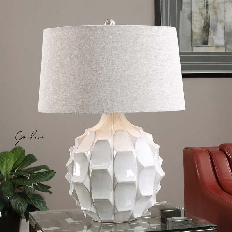Uttermost Guerina Ceramic Fabric and Metal Scalloped Lamp in White/Gray/Nickel