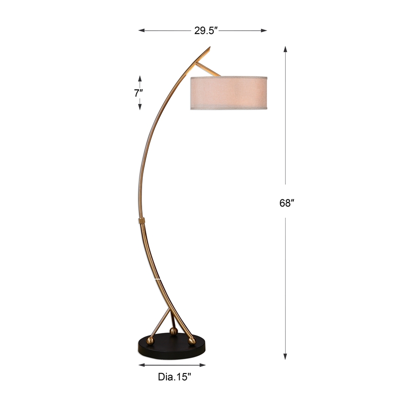 Uttermost Vardar Iron and Fabric Curved Floor Lamp in Brushed Brass/Beige