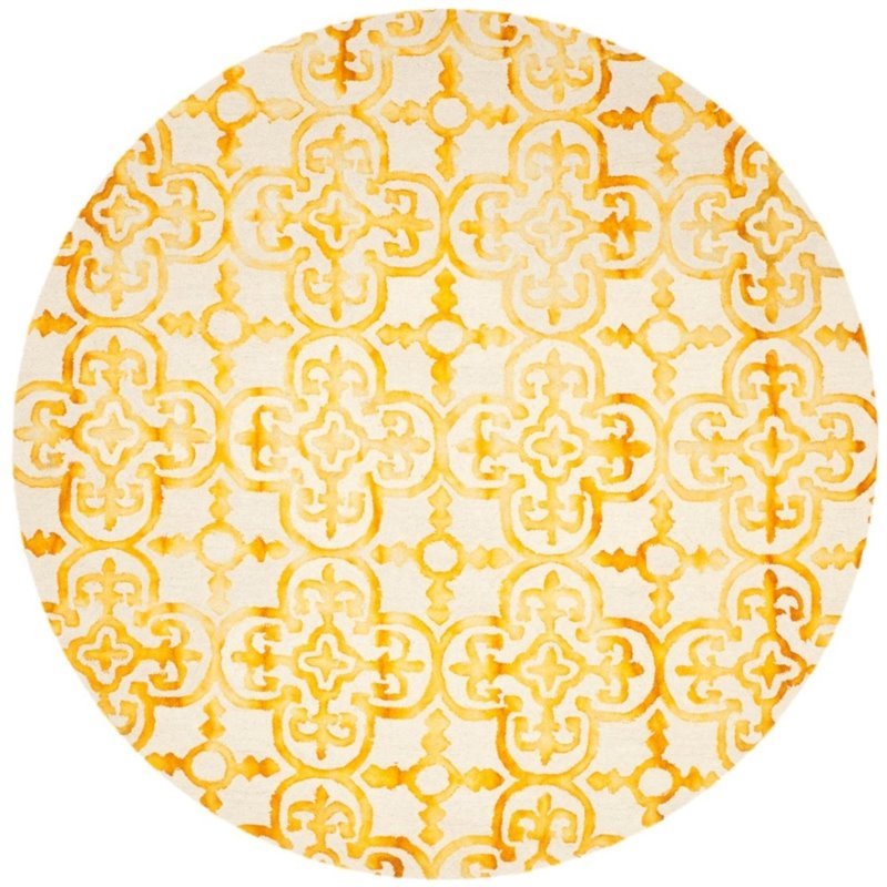 Safavieh Dip Dye 7' Round Hand Tufted Wool Rug in Ivory and Gold