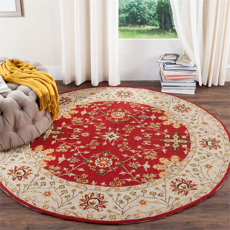 Safavieh DuraRug 6' Round Hand Hooked Rug in Red and Ivory
