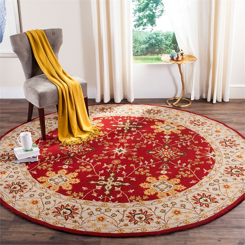Safavieh DuraRug 8' Round Hand Hooked Rug in Red and Ivory
