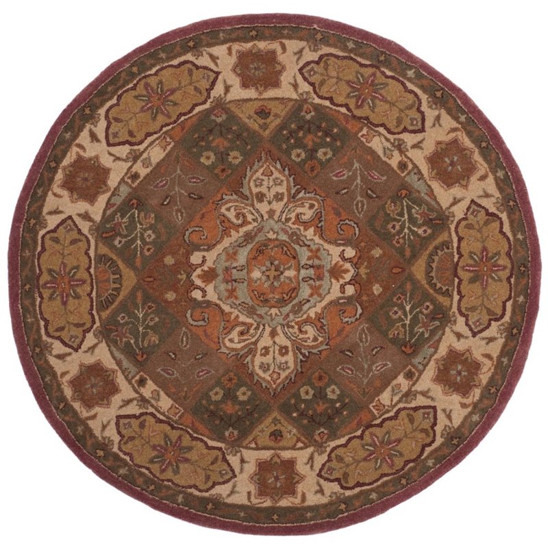 Safavieh Heritage 6' Round Hand Tufted Wool Rug in Rust and Ivory