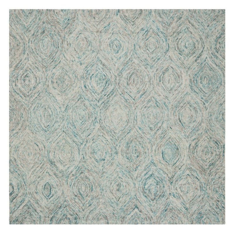 Safavieh Ikat 4' Round Hand Tufted Wool Rug in Ivory and Sea Blue