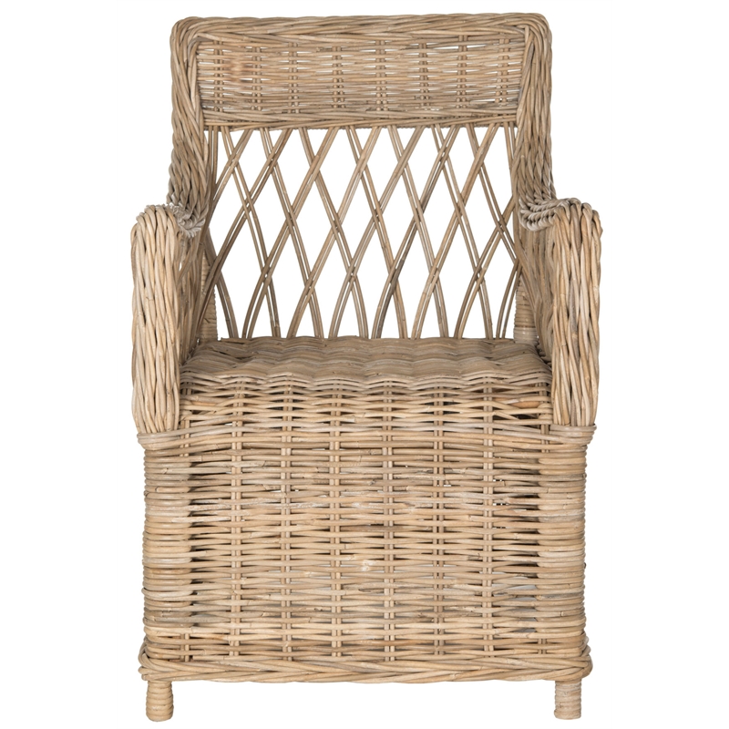 Safavieh Hinaku Rattan Arm Chair with Lattice Weave Back in Natural/Gray