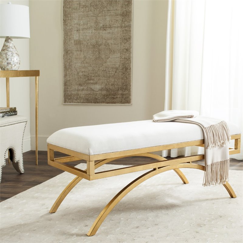 safavieh moon arc faux leather bench in light beige and gold