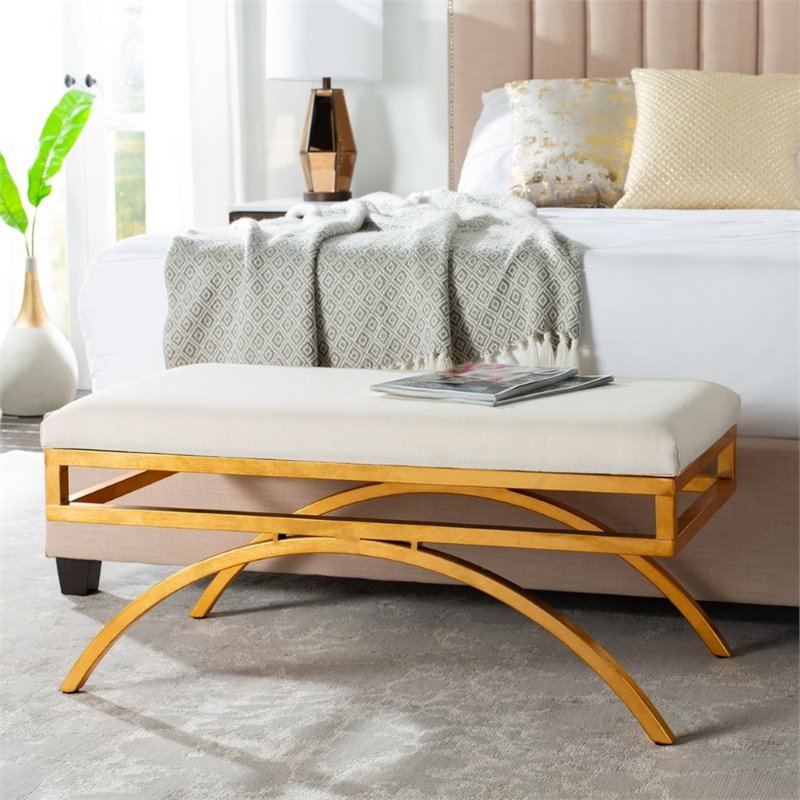 safavieh moon arc faux leather bench in light beige and gold