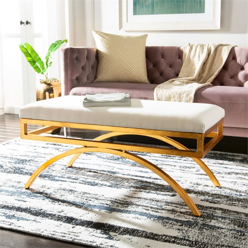 safavieh moon arc faux leather bench in light beige and gold