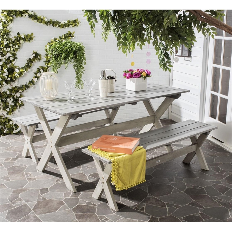Safavieh Marina 3 Pc Dining Set w/63-Inch L TableAnd2BacklessBenchesinGray/White