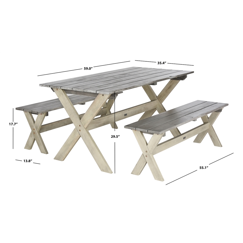Safavieh Marina 3 Pc Dining Set w/63-Inch L TableAnd2BacklessBenchesinGray/White