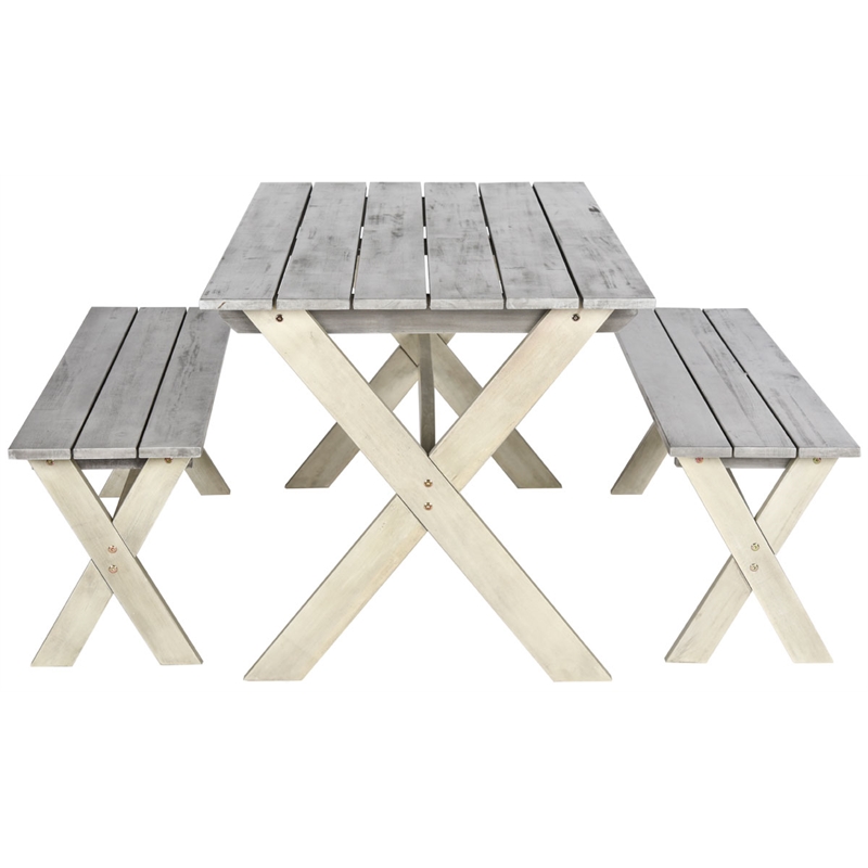 Safavieh Marina 3 Pc Dining Set w/63-Inch L TableAnd2BacklessBenchesinGray/White