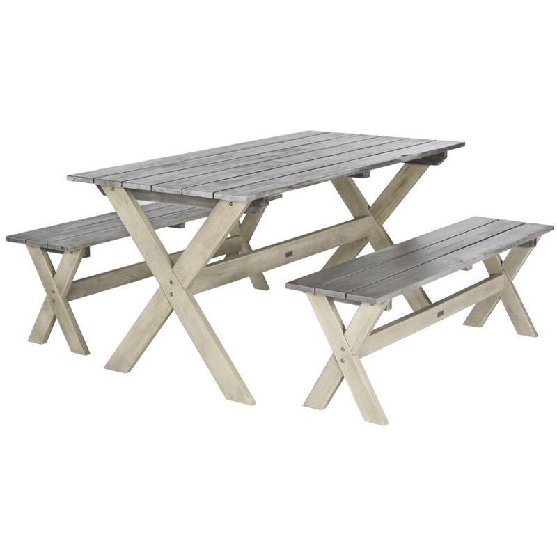 Safavieh Marina 3 Pc Dining Set w/63-Inch L TableAnd2BacklessBenchesinGray/White