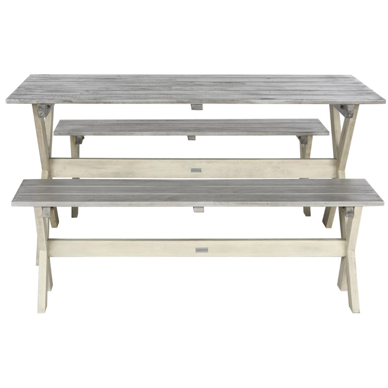 Safavieh Marina 3 Pc Dining Set w/63-Inch L TableAnd2BacklessBenchesinGray/White
